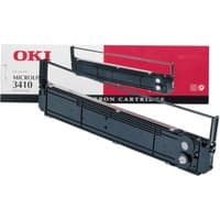 Black OKI 09002308 ribbon cartridge with rectangular shape, in front of branded red and white packaging.