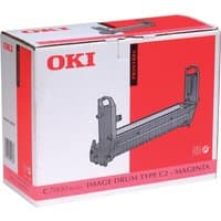 OKI 41304110 magenta drum unit in a red and white box with product image and branding.