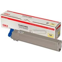 Gray OKI 42918913 yellow toner cartridge with blue cap, next to branded white box with red and yellow accents.