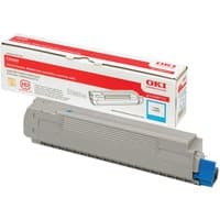 Gray OKI 43487711 cyan toner cartridge with blue cap, next to branded red and white packaging box.