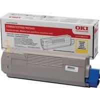 Gray OKI 43865721 yellow toner cartridge with blue cap, shown with branded packaging box.
