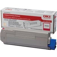 Gray OKI magenta toner cartridge with blue end cap, shown with branded packaging box.