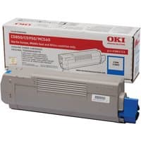 Gray and blue OKI 43865723 cyan toner cartridge with labeled box in background.