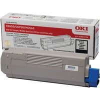 Beige OKI 43865724 black toner cartridge with blue cap, next to branded box with red and white design.