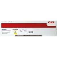 White OKI 44059105 yellow toner cartridge box with red stripe and product details.
