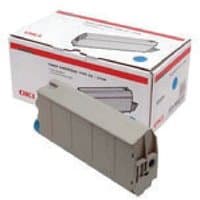 Gray OKI 44059107 cyan toner cartridge with rectangular shape, shown with branded packaging box.