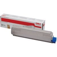 Beige OKI 44059165 yellow toner cartridge with blue cap, next to branded white and red packaging box.