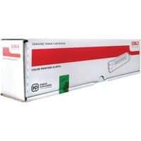 White box of Original Oki 44059209 Yellow Toner Cartridge with red and green accents and product image.