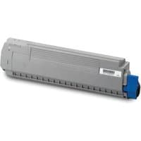 Gray OKI 44059211 cyan toner cartridge with blue cap and rectangular shape.