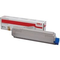 Gray OKI 44059254 magenta toner cartridge with blue cap, shown with branded packaging box.