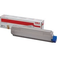 Gray OKI 44059255 cyan toner cartridge with blue cap, packaged in branded white and red box.