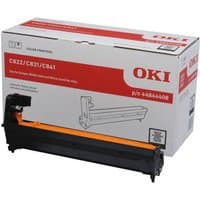 OKI 44844408 black drum unit with orange handle, packaged in a white and red box with product details.