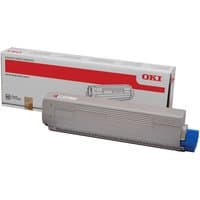 Gray OKI 44844614 magenta toner cartridge with blue cap, shown with branded packaging box.