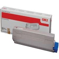 Gray OKI 44844616 black toner cartridge with blue cap, shown with branded white and red packaging box.