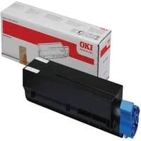 Black OKI 44917602 toner cartridge with blue cap, shown with branded packaging box.