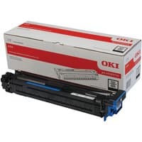 Black OKI 45103716 image drum unit with blue accents, shown with branded white and red packaging box.