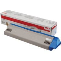 Gray and blue Original Oki 45536415 Cyan Toner Cartridge with branded packaging in the background.
