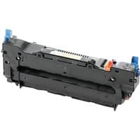Black and gray OKI 46358502 fuser unit with blue and orange clips, rectangular shape, and textured surface.