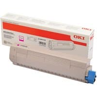Beige OKI 46471102 magenta toner cartridge with blue cap, shown with branded packaging box.