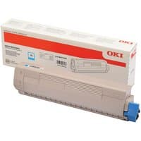 Cyan OKI toner cartridge with blue cap, beige body, and branded packaging box.