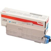Beige OKI 46490403 cyan toner cartridge with blue cap, next to branded box with red and white design.