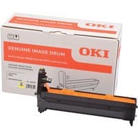 Yellow OKI 46507305 image drum with black and orange casing, next to branded white and red packaging box.