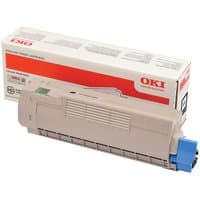 Beige OKI 46507508 black toner cartridge with blue cap, in front of branded white and red packaging box.