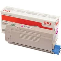 Beige Oki 46507614 magenta toner cartridge with blue handle, next to branded packaging box.