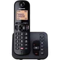 Black Panasonic DECT telephone with caller ID, numeric keypad, and base station with buttons.
