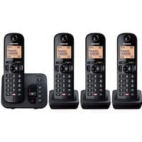 Black Panasonic DECT phone set with four handsets, digital display, and caller ID feature.