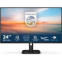 Black Philips 24" Full HD LCD monitor with thin bezels, sleek stand, and vibrant display showing sunset over water.