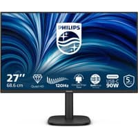 Philips 27" Quad HD monitor, 120Hz, slim black bezel, sturdy stand, USB-C port, energy-efficient design.