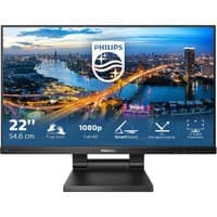 Philips B Line 222B1TC/00 monitor, 21.5-inch, 1920x1080p, black frame, cityscape display, sturdy rectangular stand.