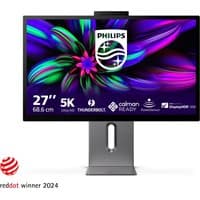 Philips Brilliance 27" 5K Ultra HD LED monitor with sleek silver stand and vibrant display graphics.