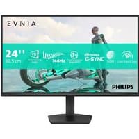 Black Philips Evnia 3000 monitor, 23.8" Full HD LCD, thin bezel, rectangular base, with green graphics on screen.