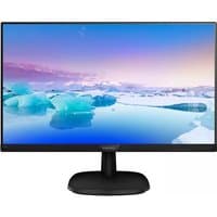 Philips V Line 273V7QJAB/00 Full HD LCD monitor with slim black bezel and sturdy round base displaying icy landscape.