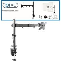Black piXL desk-mounted monitor arm with adjustable joints and clamp, supports screens up to 32 inches.