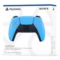 Starlight Blue PlayStation 5 DualSense Wireless Controller with black grips and buttons, in branded packaging.