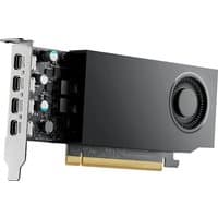 Black PNY A400 NVIDIA graphics card with 4 GB GDDR6, featuring multiple display ports and a cooling fan.