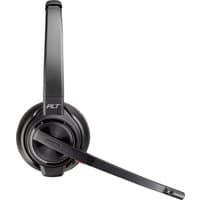 Black Poly Savi 8220 UC DECT headset with USB-A connector, adjustable headband, and boom microphone.