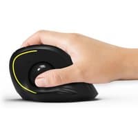 Black ergonomic wireless mouse with yellow accents, right-hand grip, optical sensor, and Bluetooth connectivity.