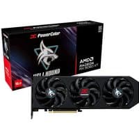 Black PowerColor Hellhound AMD Radeon RX 9060 XT 16GB GDDR6 graphics card with triple fan design and wolf logo.
