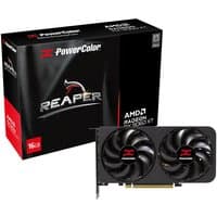 Black PowerColor Reaper RX 9060 XT graphics card with dual fans, red accents, and box packaging in background.