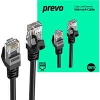 Black PREVO CAT6-BLK-10M networking cable with clear RJ45 connectors, 10 meters long, shown against a green background.