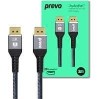 Black PREVO DP14-2M DisplayPort cable with gold connectors, braided design, and 8K support, 2 meters long.