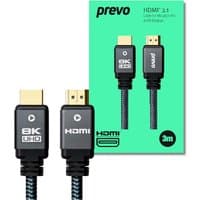 Black PREVO HDMI 2.1 cable, 3m, with gold connectors and braided exterior, labeled 8K UHD and HDMI.