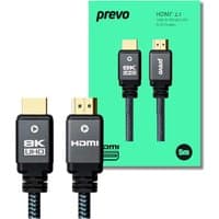 Black PREVO HDMI 2.1 cable, 5m length, with gold-plated connectors and braided exterior, supports 8K UHD.