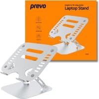 Silver PREVO HZ08 laptop stand with adjustable height, ventilation slots, and sturdy base, fits 17" laptops.