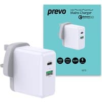 White PREVO QC72 fast charger with dual USB ports and UK plug, shown with packaging.