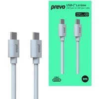 White PREVO USB 2.0 C to C cable, 60W, PVC material, with retail box showing cable design and specifications.